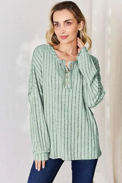 Basic Bae Full Size Ribbed Half Button Long Sleeve T-Shirt Women's T-Shirts - Tophatter Daily Deals
